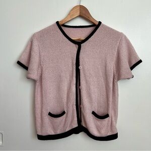 VINTAGE Pink Short Sleeve Cardigan with Black Trim Size S
